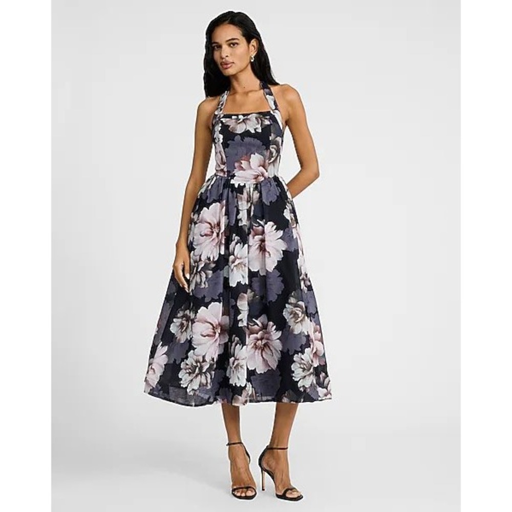 Express Floral Halter Midi Dress Black Pink Peony Smocked Back Fit & Flare M